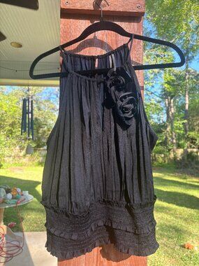 ANTHROPOLOGIE Silky Black Blouse with Rosette Detail Size Large